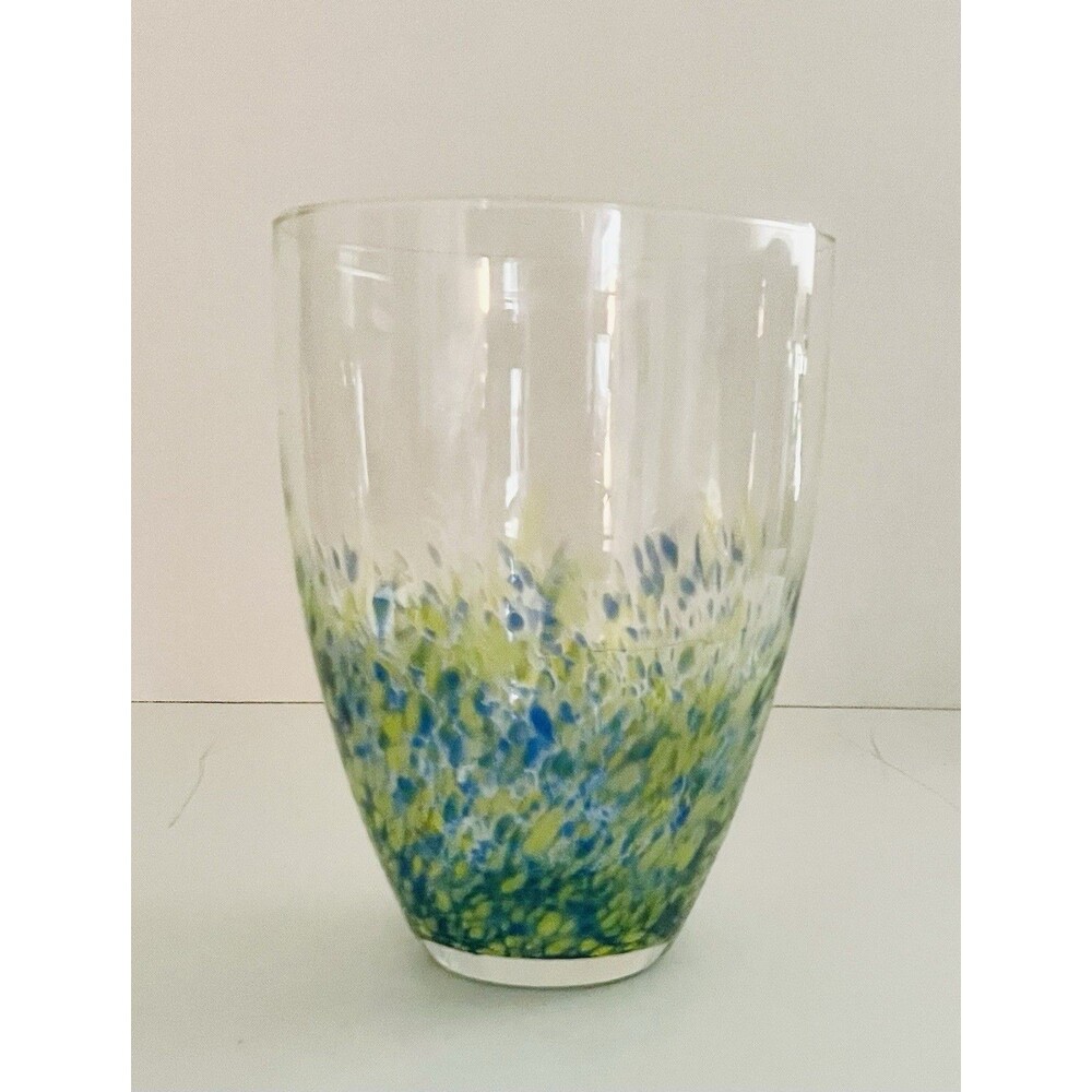 Confetti Blue Green Speckled Colorful  Polish Hand Blown Large Glass Vase 9 3/4"